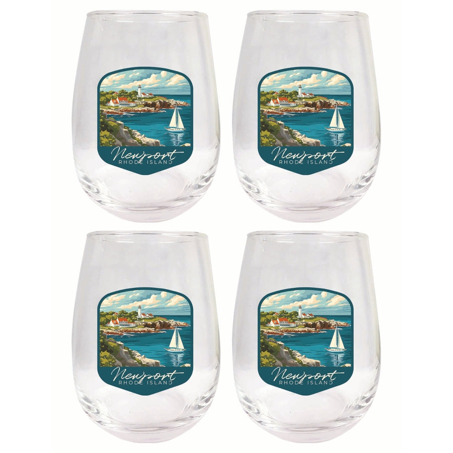 Newport Rhode Island Lighthouse on the Coast Design Souvenir 15 oz Stemless Wine Glass 4-Pack Image 1