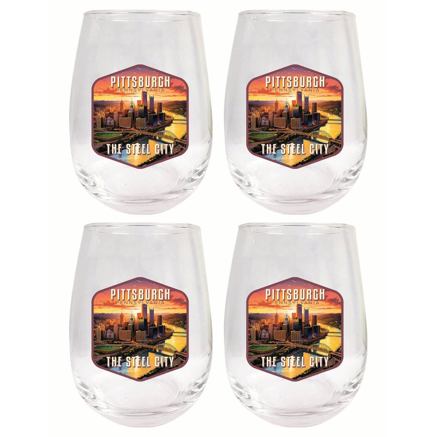 Pittsburgh Pennsylvania The Steel City Design Souvenir 15 oz Stemless Wine Glass 4-Pack Image 1