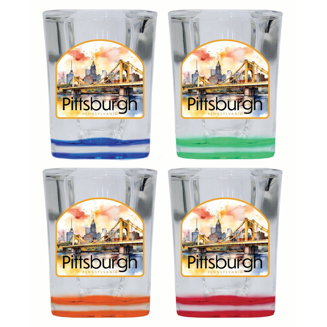 Pittsburgh Pennsylvania Yellow Bridge Design Souvenir 2 Ounce Shot Glass Square 4-Pack Multicolor Image 1