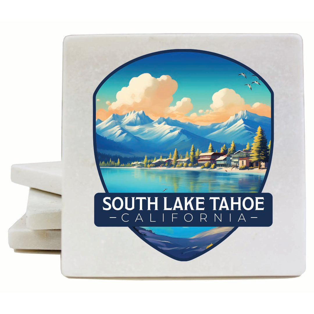 South Lake Tahoe Mountains over Lake Design Souvenir 4x4-Inch Coaster Marble 4 Pack Image 1