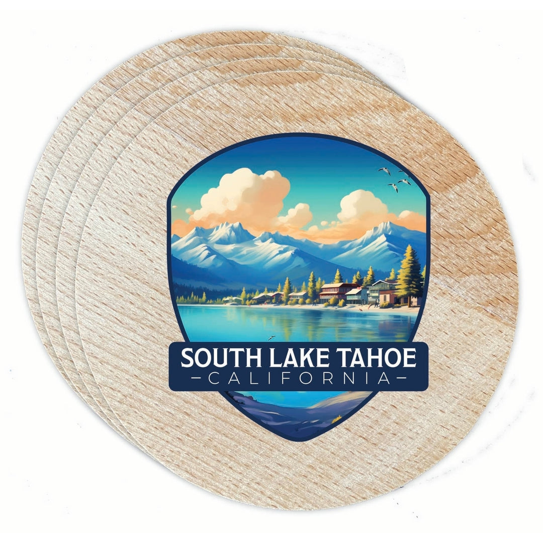 South Lake Tahoe Mountains over Lake Design Souvenir Coaster Wooden 3.5 x 3.5-Inch 4 Pack Image 1