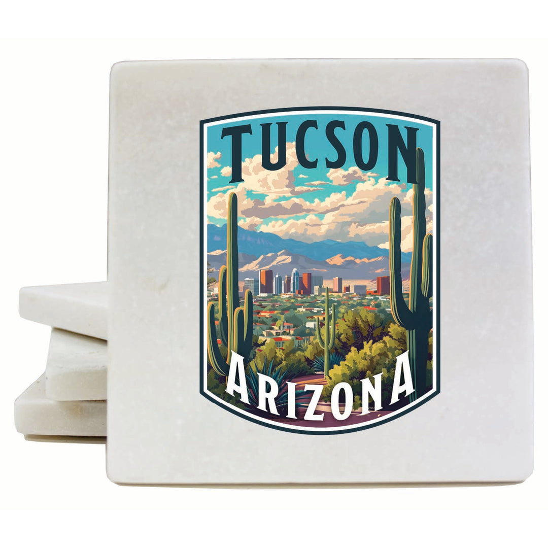 Tucson Arizona Cactus and Cityscape Design Souvenir 4x4-Inch Coaster Marble 4 Pack Image 1