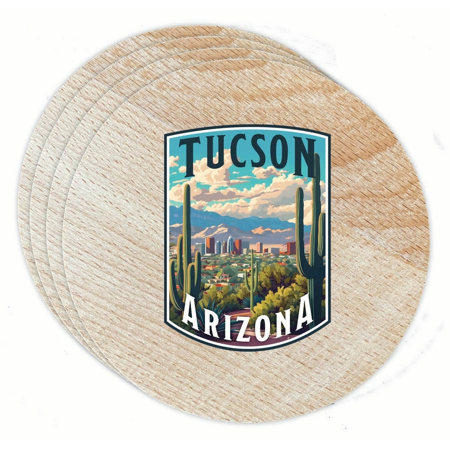 Tucson Arizona Cactus and Cityscape Design Souvenir Coaster Wooden 3.5 x 3.5-Inch 4 Pack Image 1