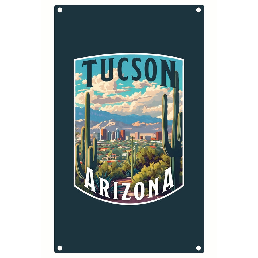 Tucson Arizona Cactus and Cityscape Design Souvenir Metal Sign 9 x 15 Image 1