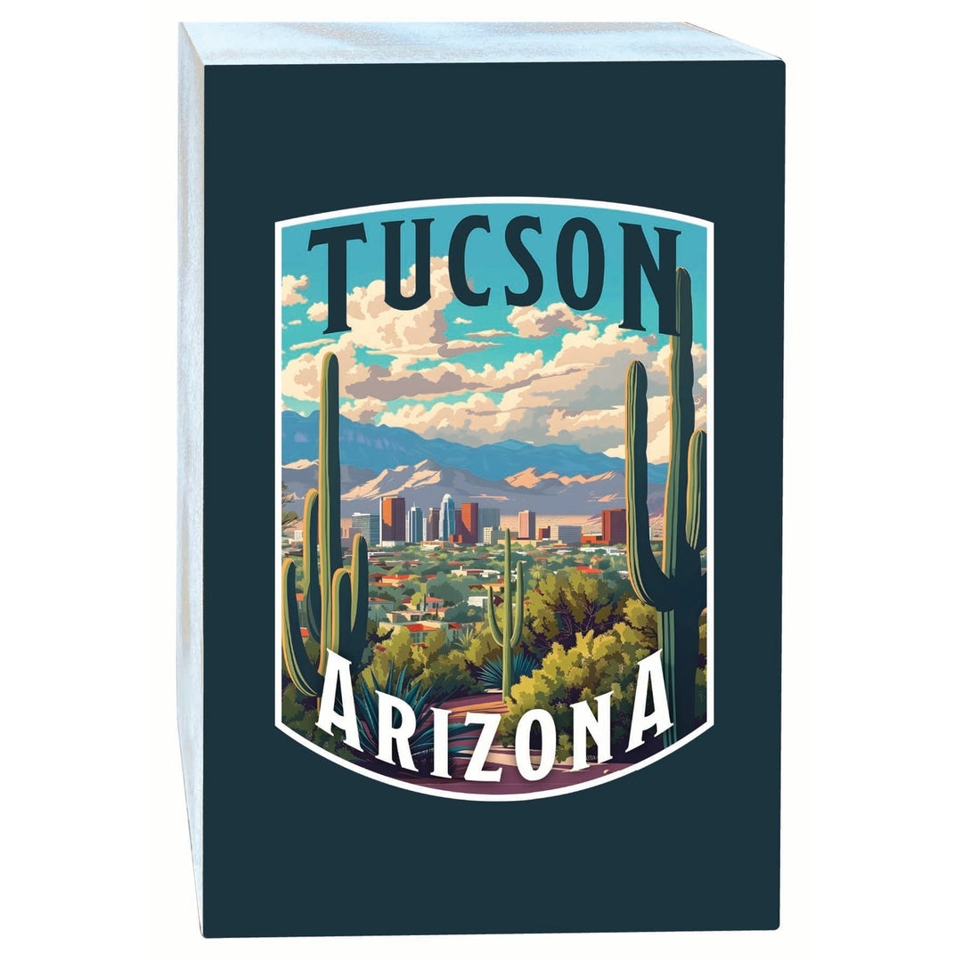 Tucson Arizona Cactus and Cityscape Design Souvenir Wood sign with frame 5x7 Image 1