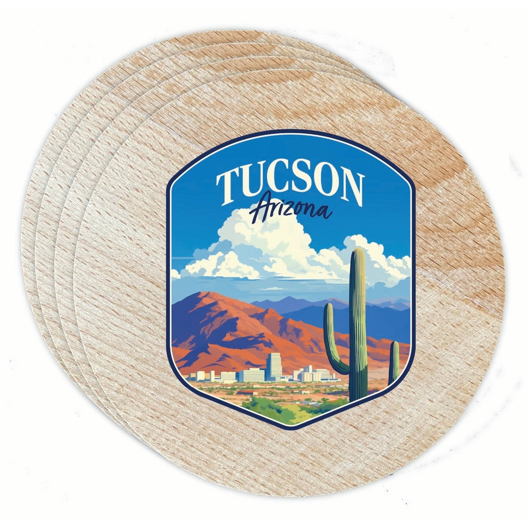 Tucson Arizona Desert Mountains Design Souvenir Coaster Wooden 3.5 x 3.5-Inch 4 Pack Image 1