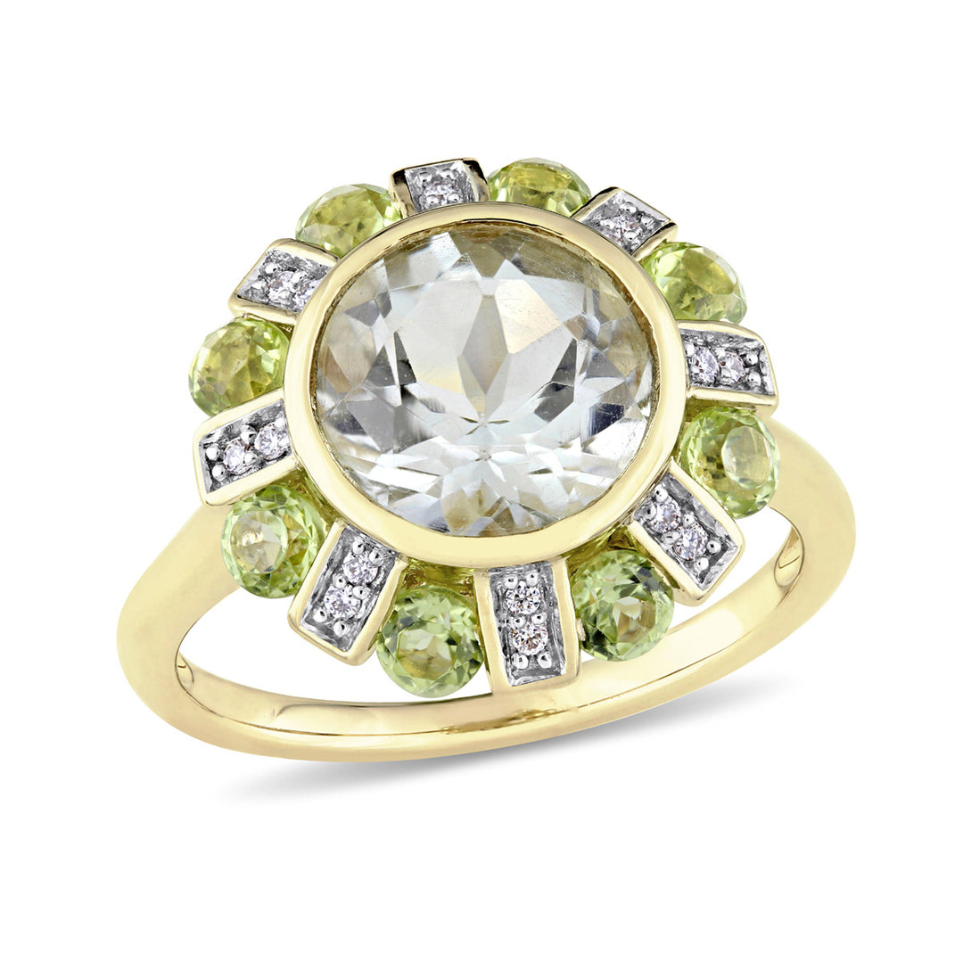 3.80 Carat (ctw) Green Quartz and Peridot Floral Ring in 14k Yellow Gold with Accent Diamonds Image 1