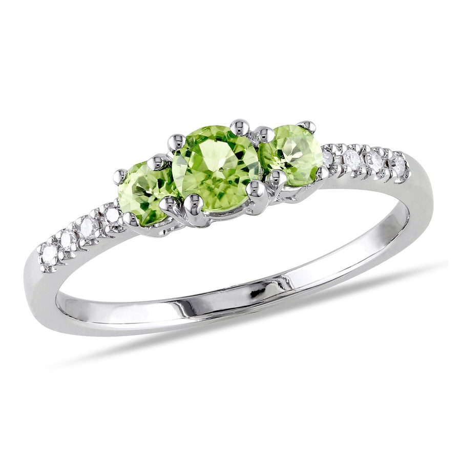 1/2 Carat (cw) Three Stone Peridot Ring in 10K White Gold with Accent Diamonds Image 1