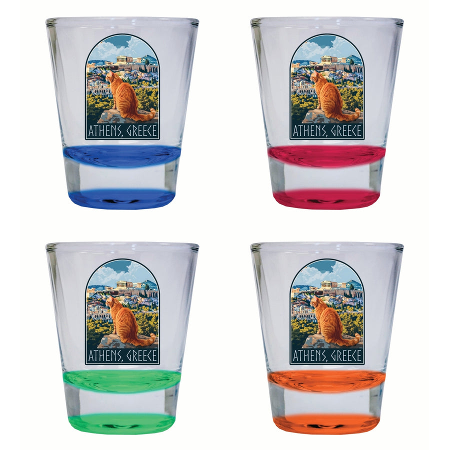 Athens Greece Cat Acropolis Design Souvenir 2 Ounce Shot Glass Round 4-Pack Multicolor Image 1