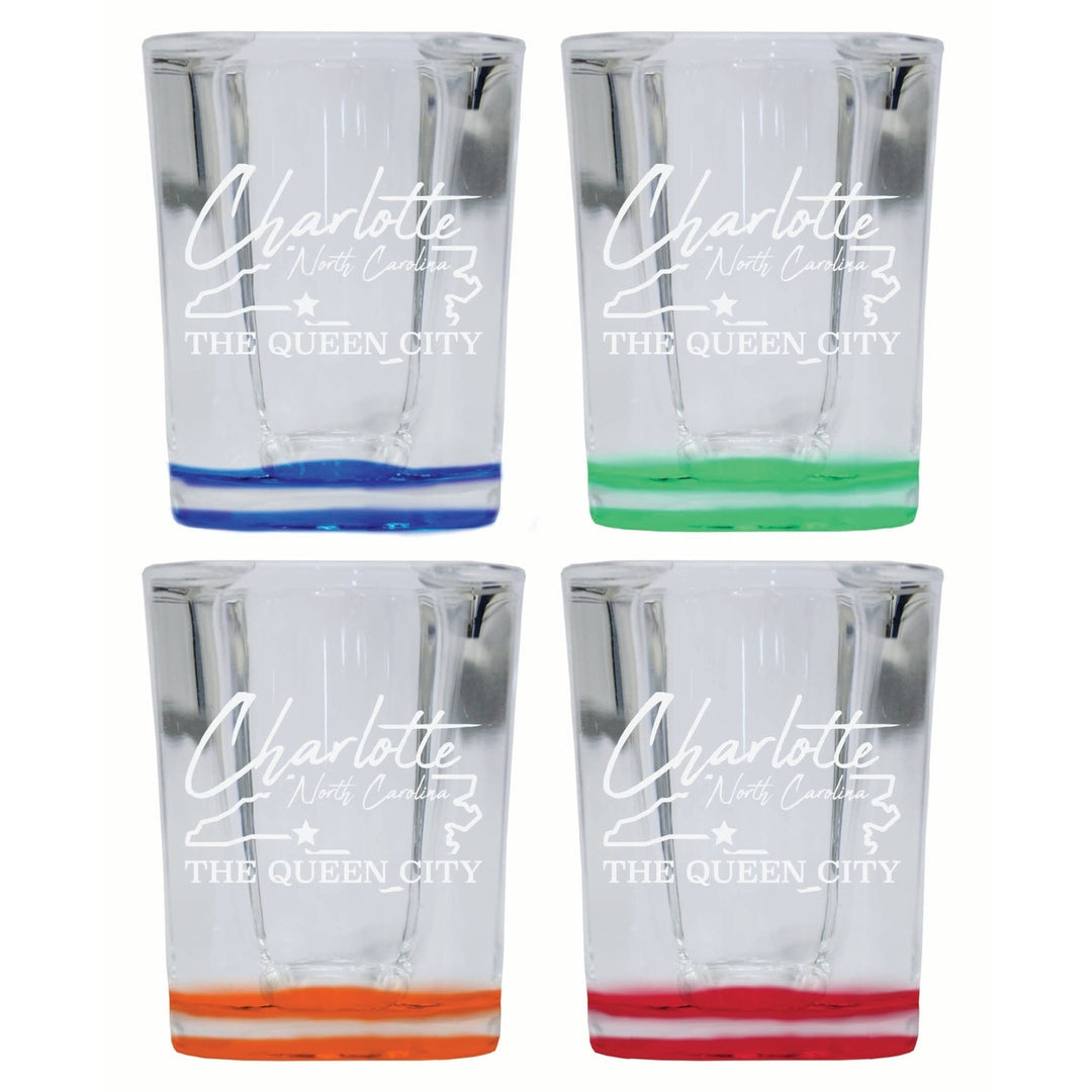 Charlotte North Carolina Souvenir 2 Ounce Engraved Shot Glass Square 4-Pack Multicolor Image 1