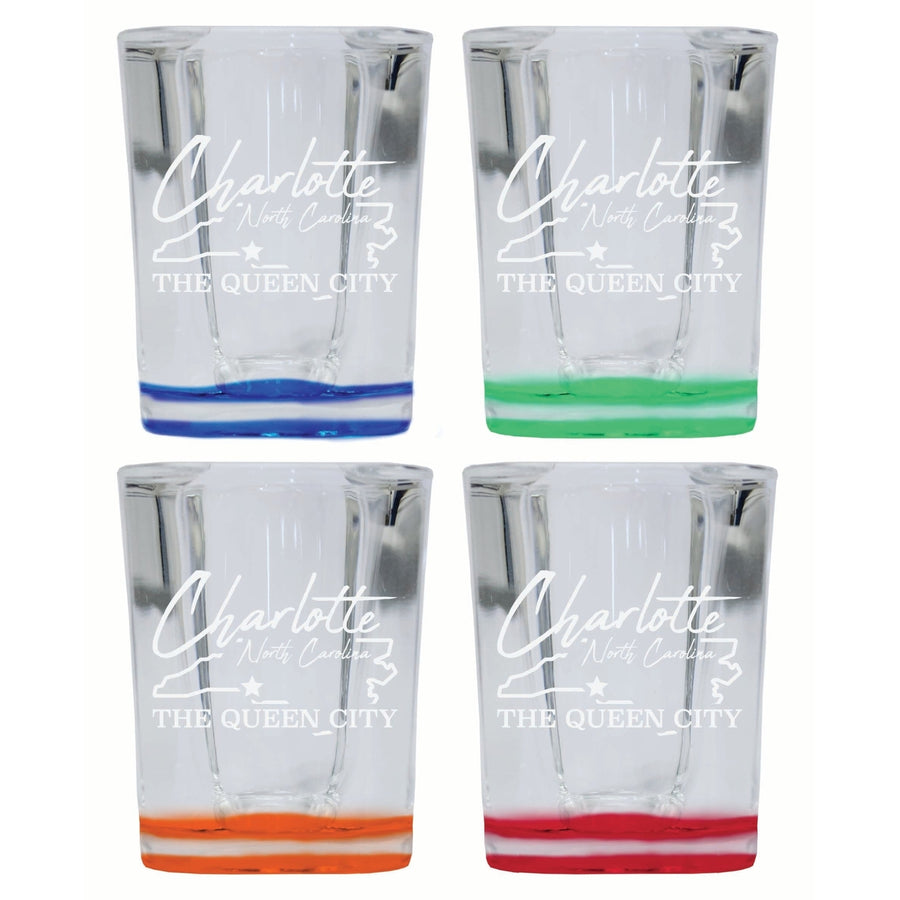 Charlotte North Carolina Souvenir 2 Ounce Engraved Shot Glass Square 4-Pack Multicolor Image 1