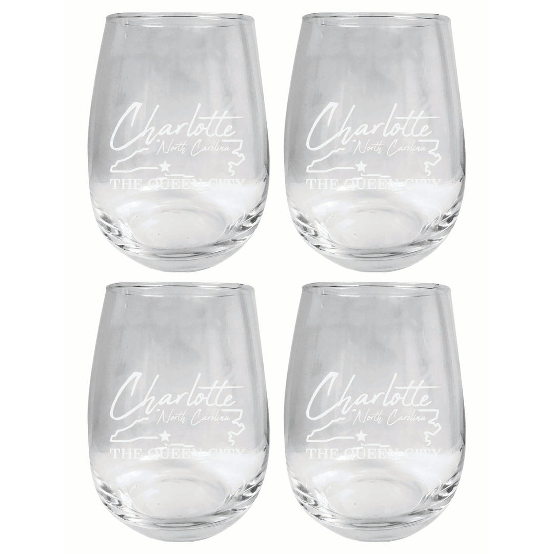 Charlotte North Carolina Souvenir 15 oz Engraved Stemless Wine Glass 4-Pack Image 1