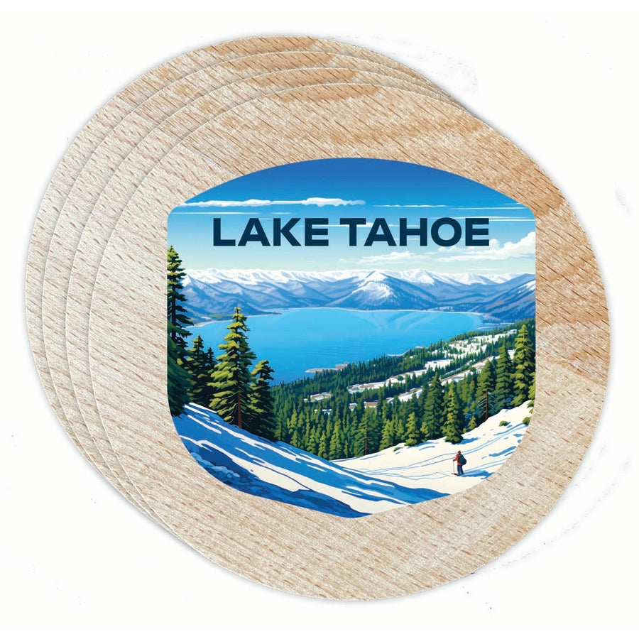 Lake Tahoe Ski Design D Souvenir Coaster Wooden 3.5 x 3.5-Inch 4 Pack Image 1