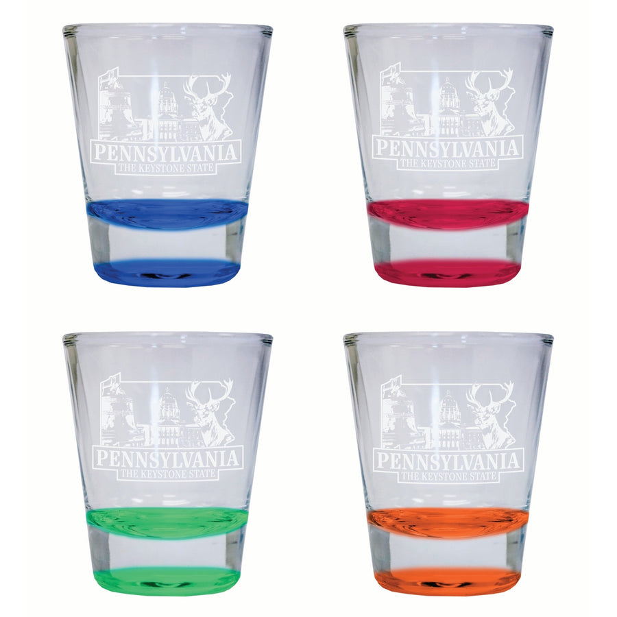 Pennsylvania Souvenir 2 Ounce Engraved Shot Glass Round 4-Pack Multicolor Image 1