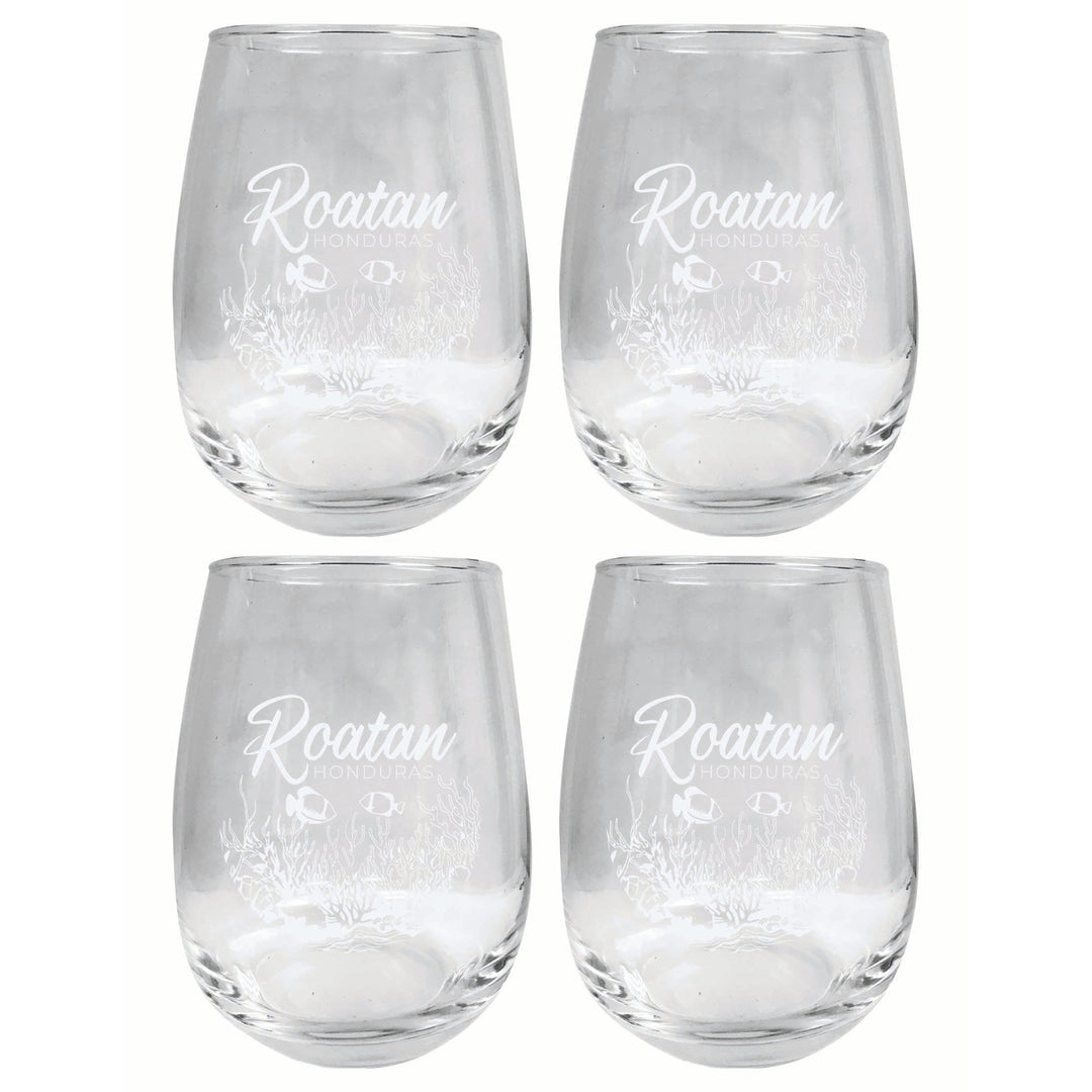 Roatan Honduras Souvenir 15 oz Engraved Stemless Wine Glass 4-Pack Image 1