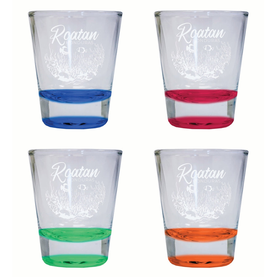 Roatan Honduras Souvenir 2 Ounce Engraved Shot Glass Round 4-Pack Multicolor Image 1