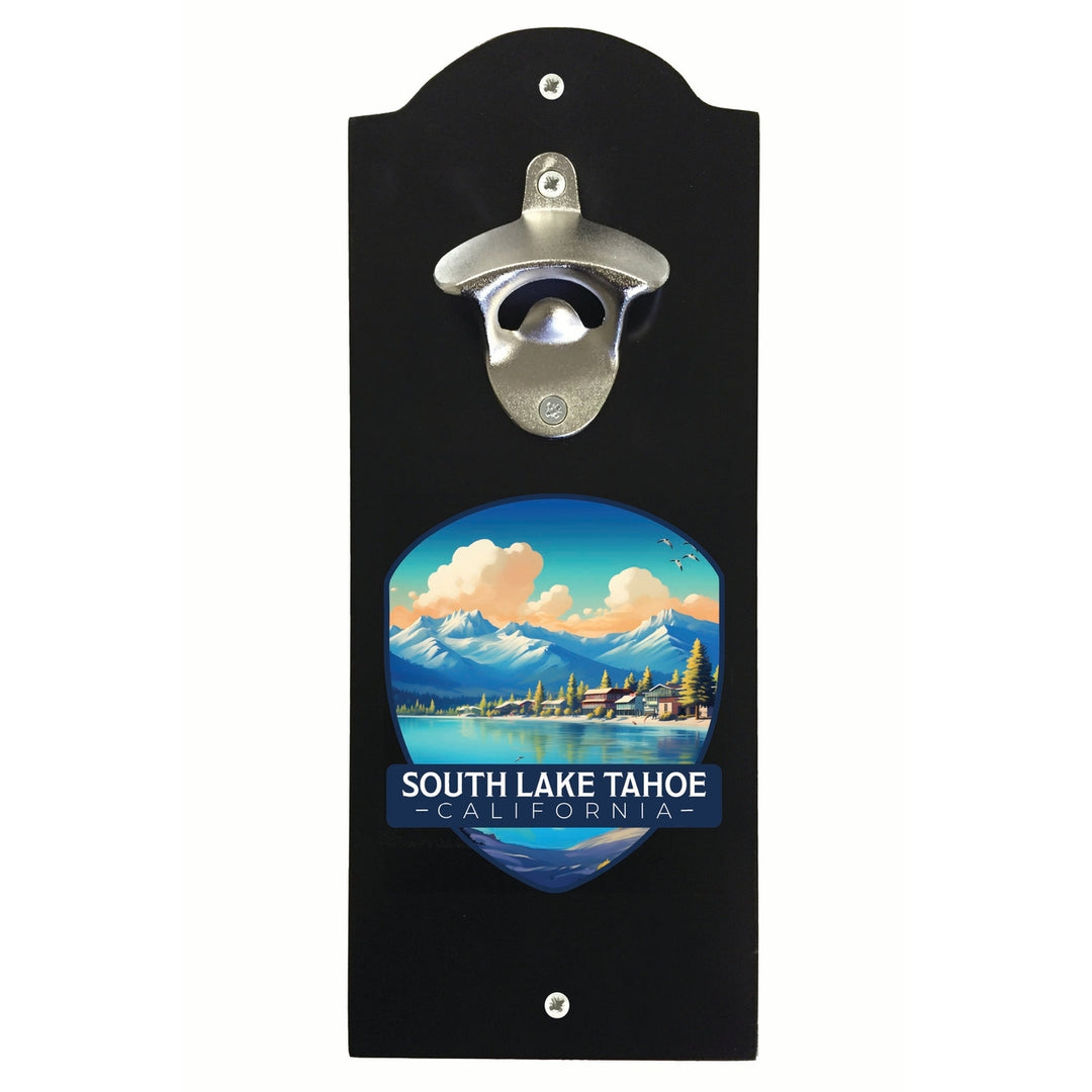 South Lake Tahoe Mountains over Lake Design Souvenir Wall mounted bottle opener Image 1