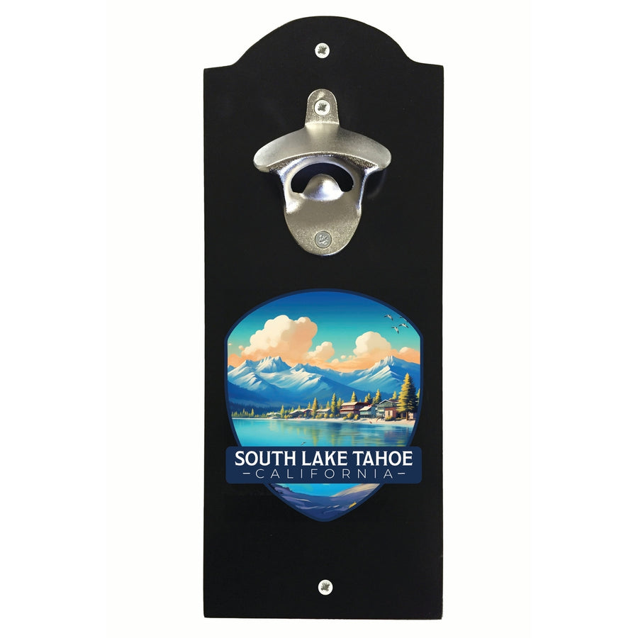 South Lake Tahoe Mountains over Lake Design Souvenir Wall mounted bottle opener Image 1