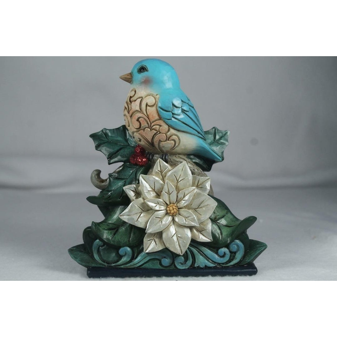 Jim Shore Festive and Feathered Bluebird On Branch W/Poinsettia 6009484 Image 1