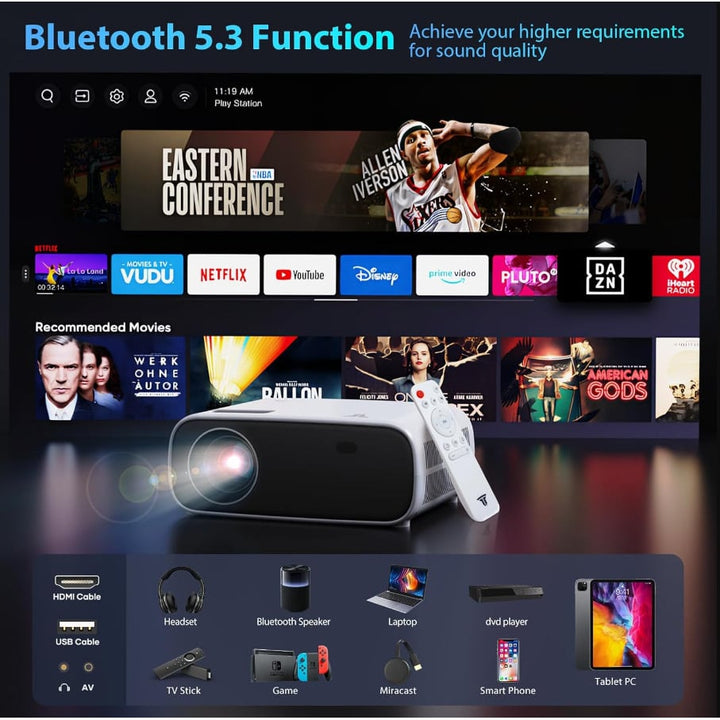 1080P WiFi Bluetooth Projector Portable Outdoor Movie Mini White 15000 Lumens Image 6