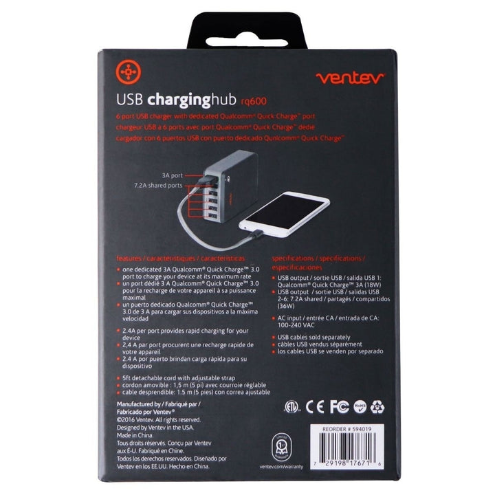 Ventev 10.2-AMP QC 3.0 (6-Port) Rapid USB Charging Hub RQ600 - Gray Image 6