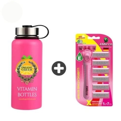 Organic Greek Pink Vitamin Bottle and XMicro Pink Razors for Women 800mL Image 1