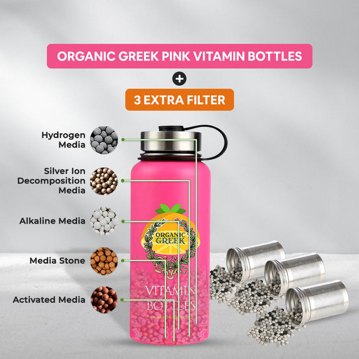 Organic Greek Pink Vitamin Water Bottle 800mL Stainless Steel with Filter 4in1 Image 1