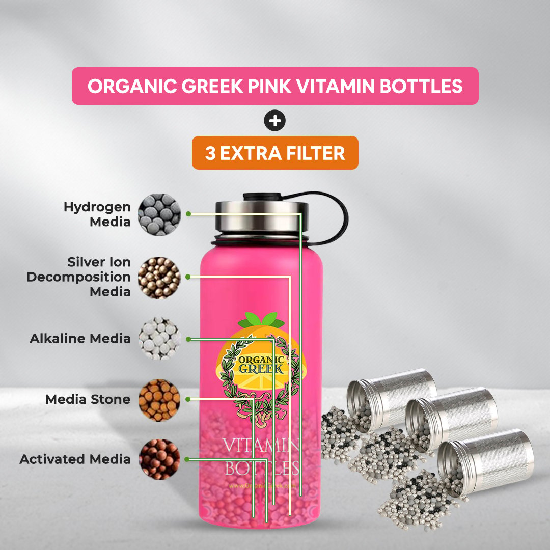 Organic Greek Pink Vitamin Water Bottle 800mL Stainless Steel with Filter 4in1 Image 2