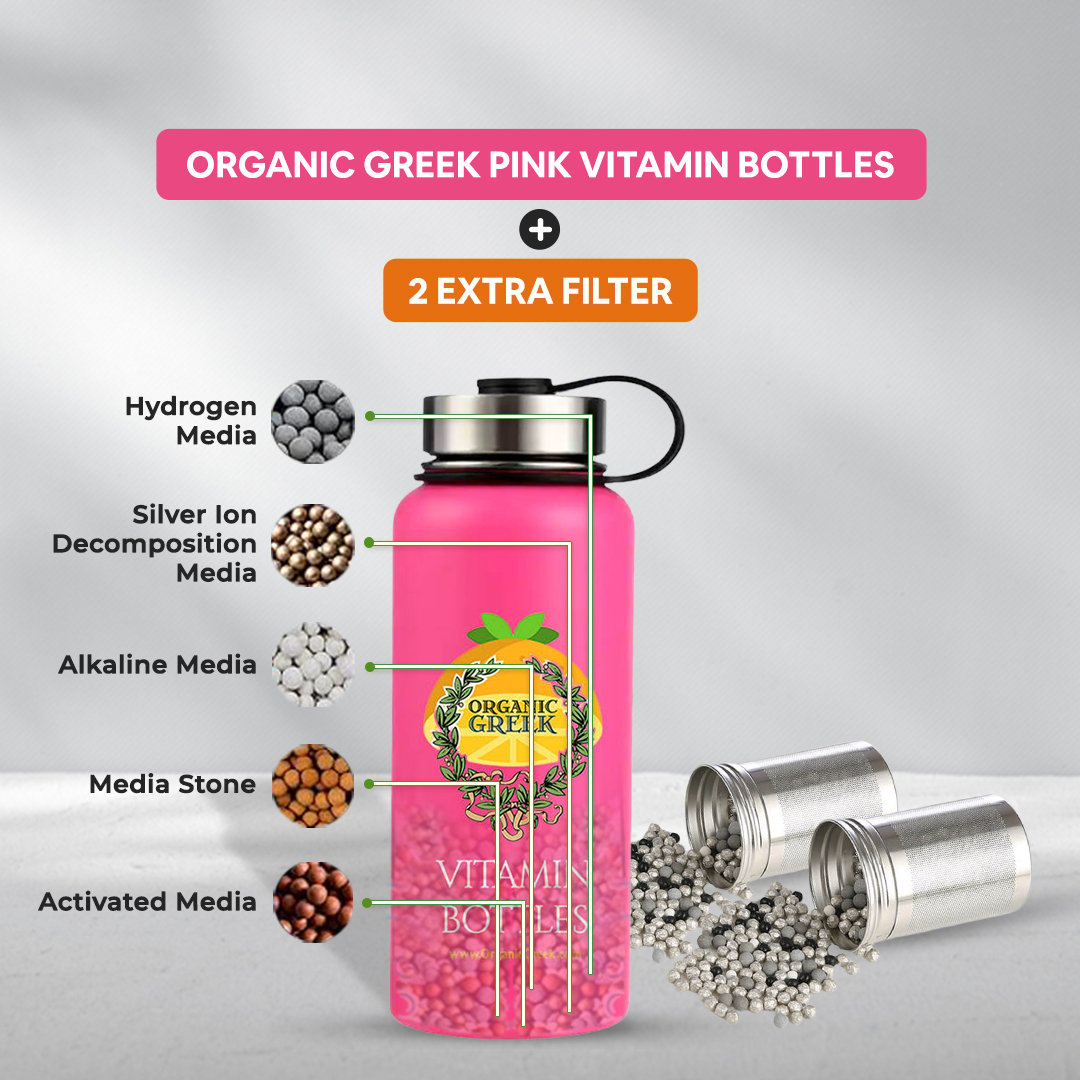 Organic Greek Pink Vitamin Water Bottle Stainless Steel 800mL with 2 Filters Image 1