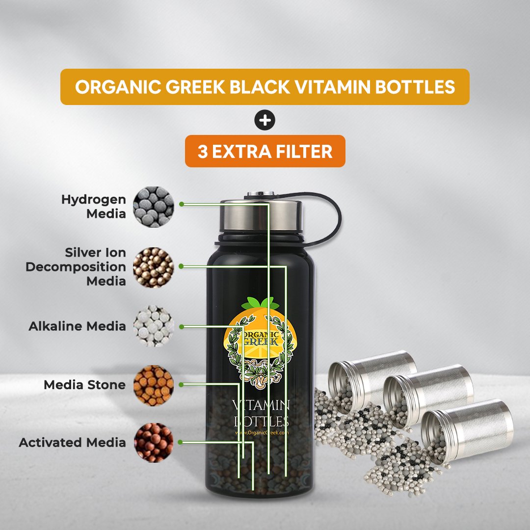 Organic Greek Black Stainless Steel Water Bottle 800mL with 4 in 1 Filter Image 1