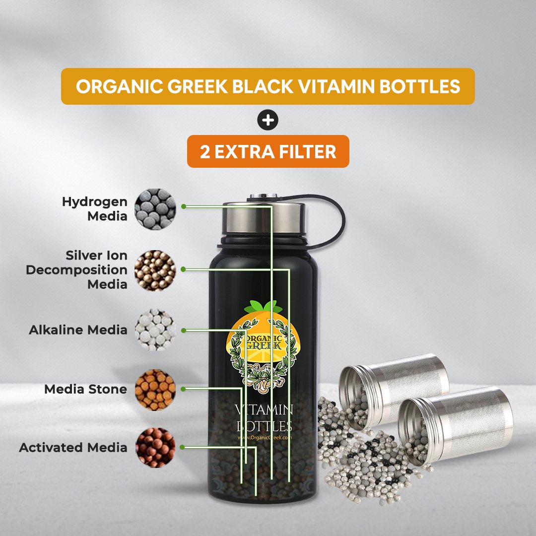 Organic Greek Black Vitamin Bottle 800mL with 2 Extra Filters Stainless Steel Image 2