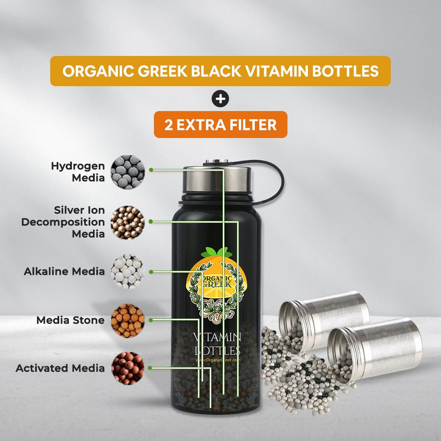 Organic Greek Black Vitamin Bottle 800mL with 2 Extra Filters Stainless Steel Image 1