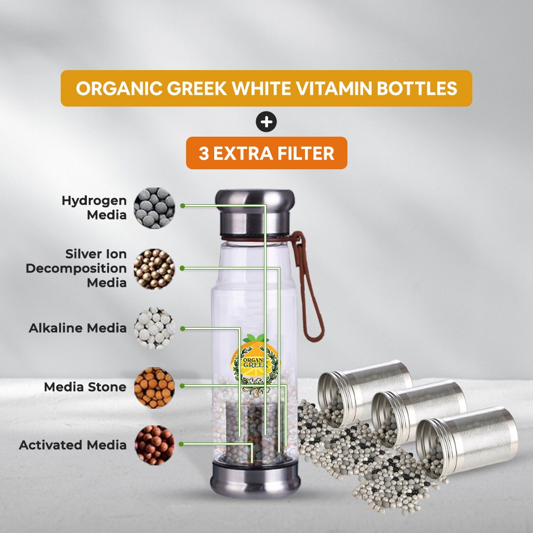 Organic Greek White Vitamin Bottle 500mL with 3 Extra Filters Alkaline Water Image 2