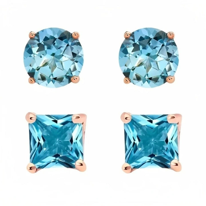 Paris Jewelry 18k Rose Gold 2 Pair Created Blue Topaz 4mm 6mm Round and Princess Cut Stud Earrings Plated Image 1