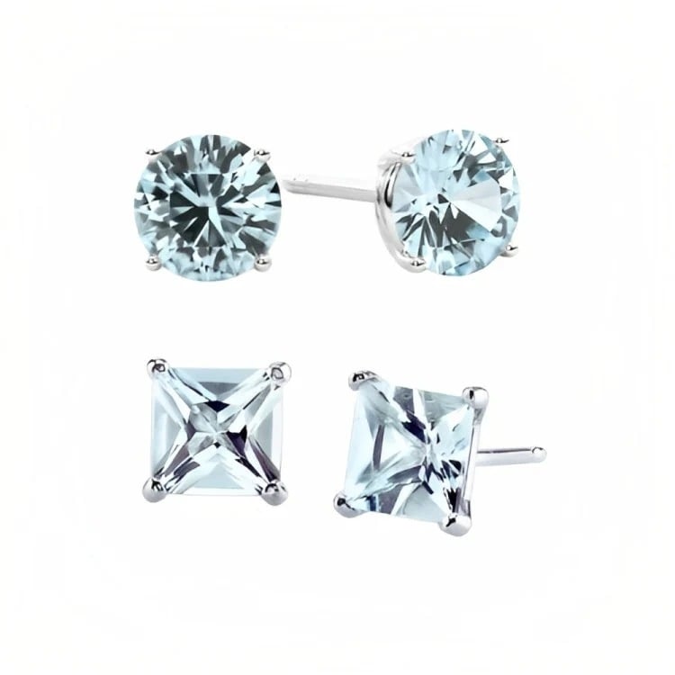 Paris Jewelry 18k White Gold 2 Pair Created Aquamarine 4mm 6mm Round and Princess Cut Stud Earrings Plated Image 1