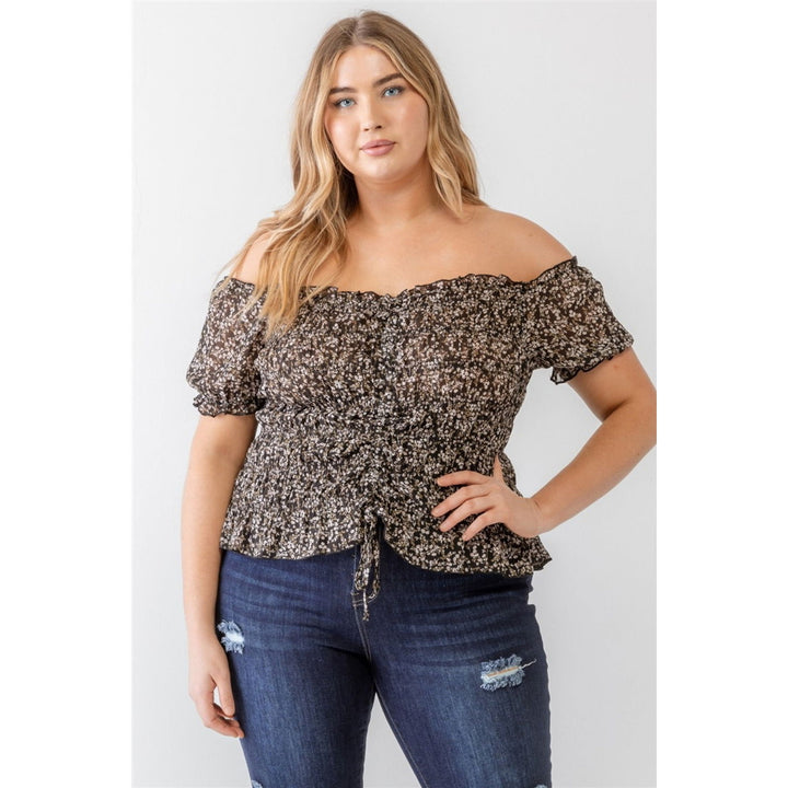 Zenobia Plus Size Frill Ruched Off-Shoulder Short Sleeve Blouse Image 1