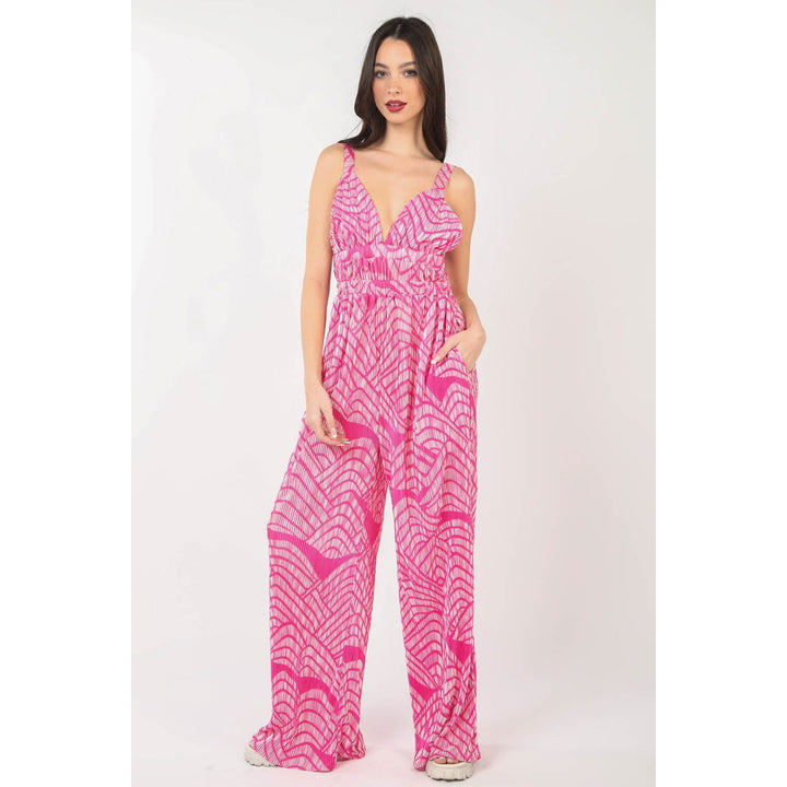 VERY J Printed Pleated Sleeveless Wide Leg Jumpsuit Image 1