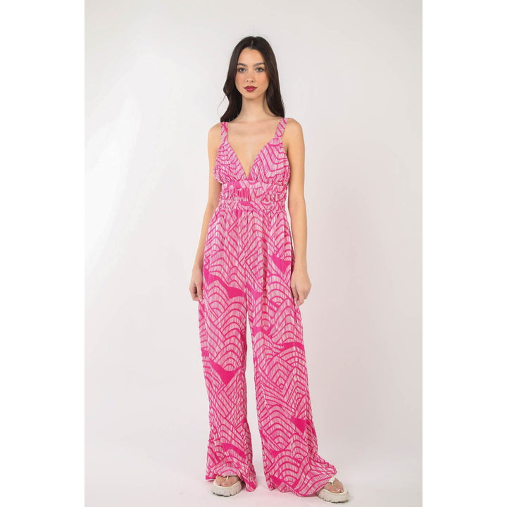 VERY J Printed Pleated Sleeveless Wide Leg Jumpsuit Image 4