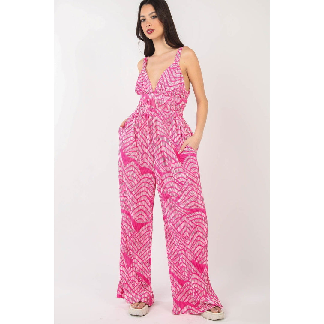 VERY J Printed Pleated Sleeveless Wide Leg Jumpsuit Image 4