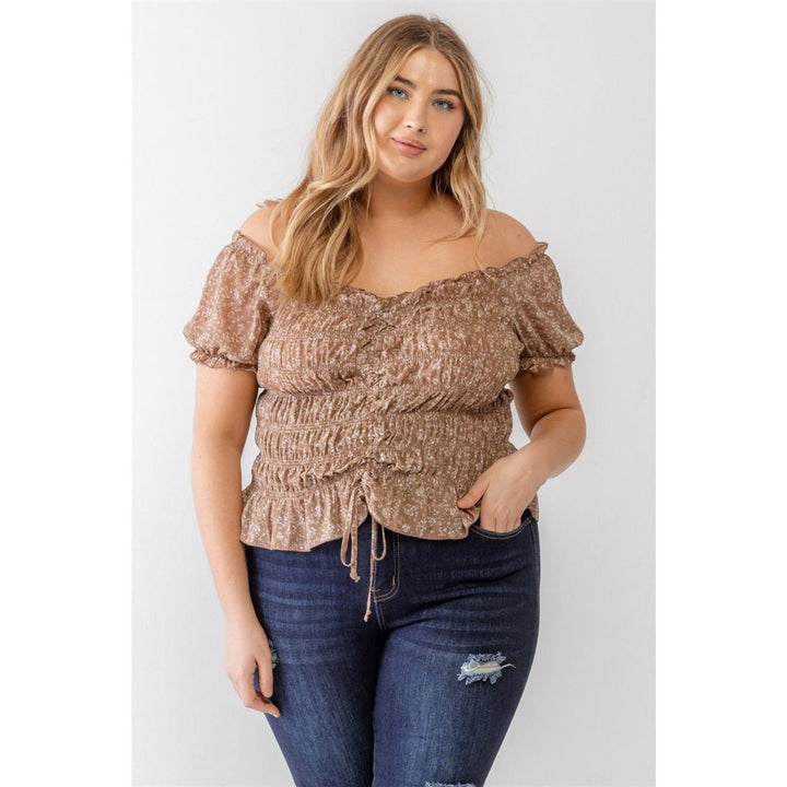 Zenobia Plus Size Frill Ruched Off-Shoulder Short Sleeve Blouse Image 1