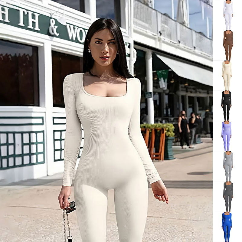 Womens yoga exercise fitness jumpsuit exercise long sleeved square neck clothing Image 1