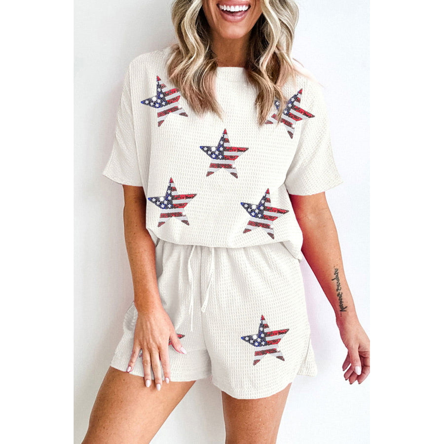 White Waffle Sequin American Flag Star Graphic Shorts Set Image 1