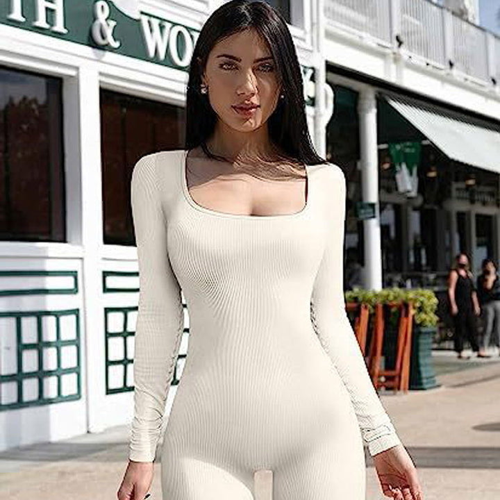 Womens yoga exercise fitness jumpsuit exercise long sleeved square neck clothing Image 6