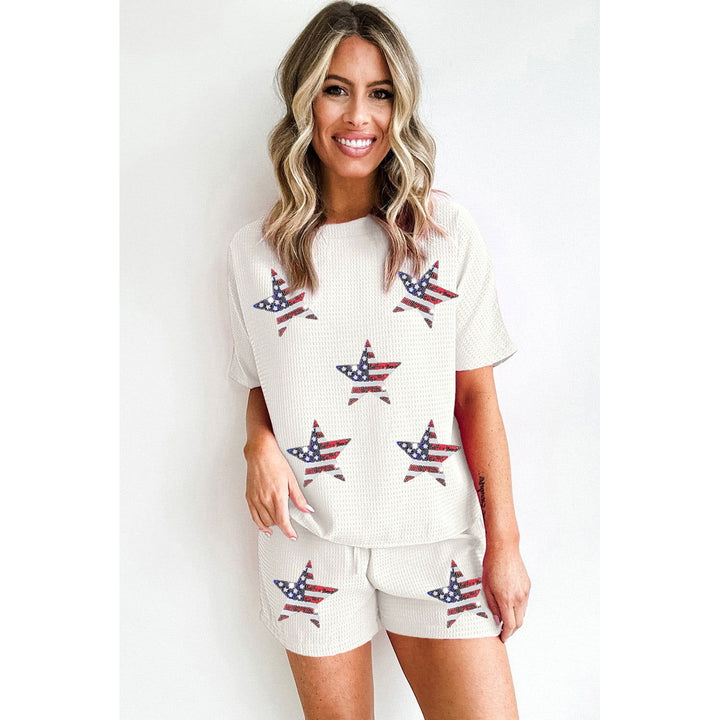 White Waffle Sequin American Flag Star Graphic Shorts Set Image 4