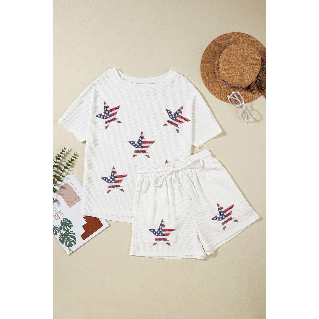 White Waffle Sequin American Flag Star Graphic Shorts Set Image 6