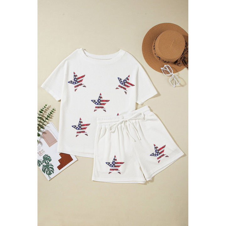 White Waffle Sequin American Flag Star Graphic Shorts Set Image 6