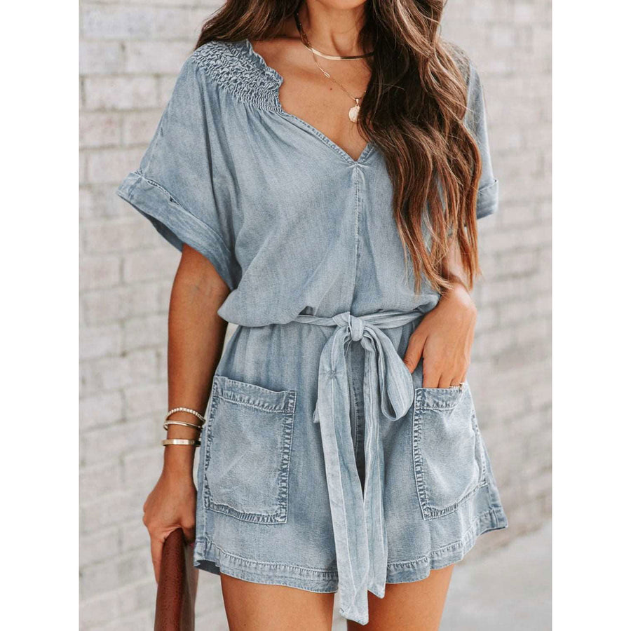 Notched Tie Waist Denim Romper Image 1