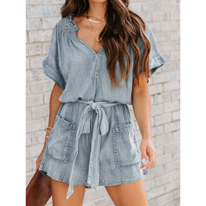 Notched Tie Waist Denim Romper Image 2