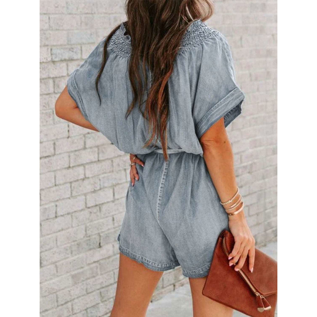 Notched Tie Waist Denim Romper Image 3