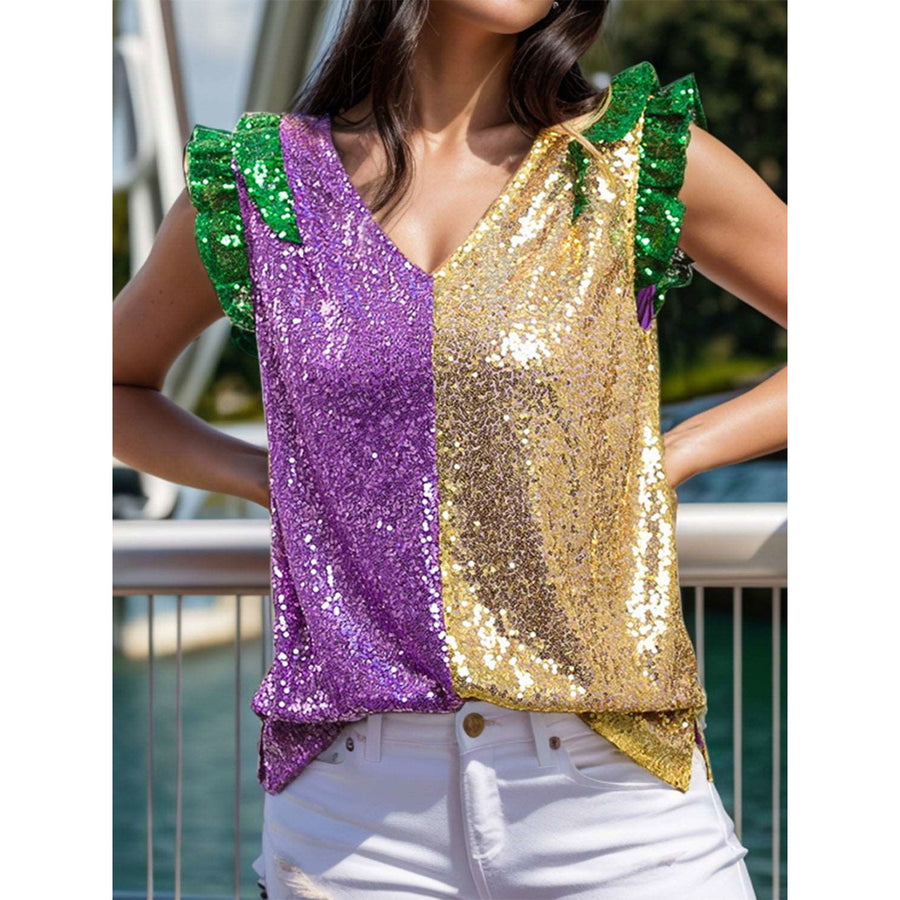 Sequin Color Block V-Neck Cap Sleeve Blouse Image 1